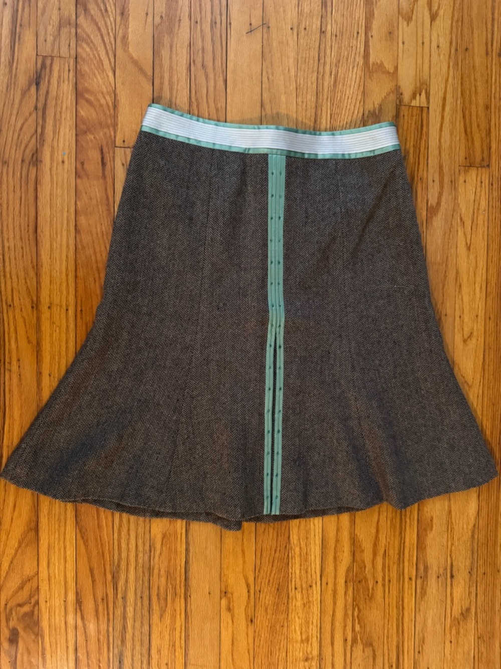LOFT Brown Herringbone A-Line Skirt with Mint Stripe